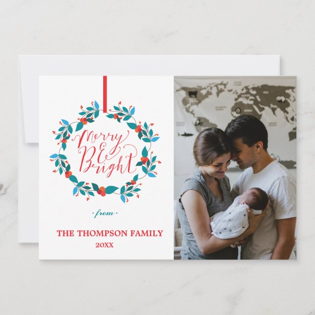 Cartes Pour Fêtes Annuelles Merry and Bright Christmas Wreath 4 photo Collage (Devant)