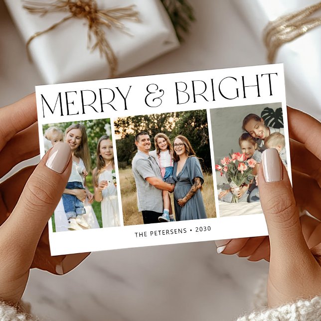 Cartes Pour Fêtes Annuelles Merry and Bright modern 3 photos Christmas (Créateur téléchargé)