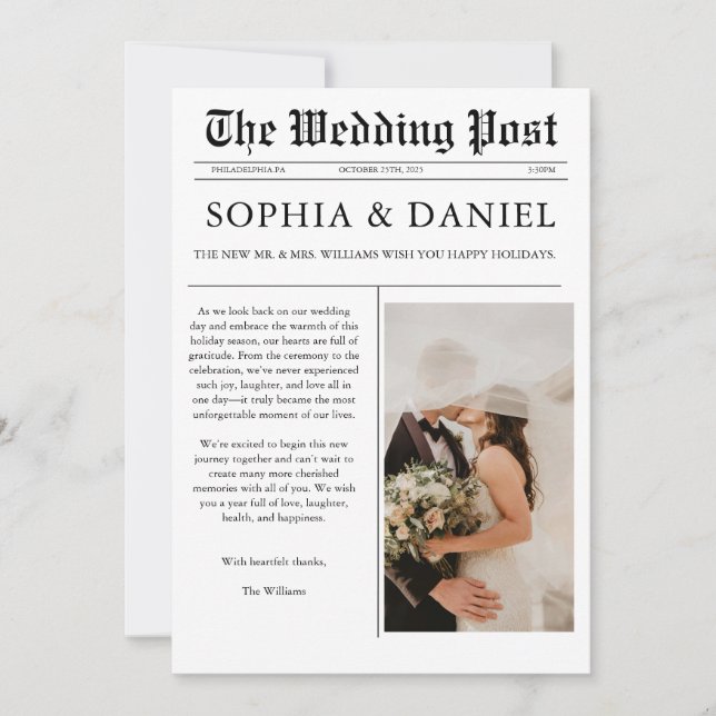 Cartes Pour Fêtes Annuelles Merry and Married Newspaper Photo Christmas Card (Devant)
