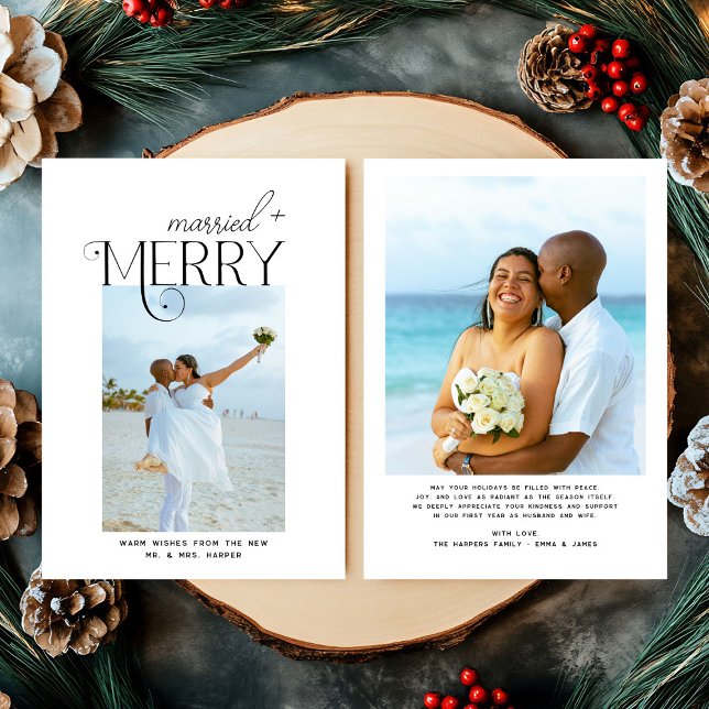 Cartes Pour Fêtes Annuelles Merry and Married Script Photo Christmas Newlyweds (Créateur téléchargé)