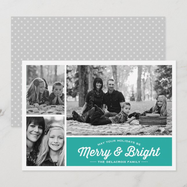 Cartes Pour Fêtes Annuelles Merry & Bright 3 Photo Salutation Turquoise de vac (Devant / Derrière)