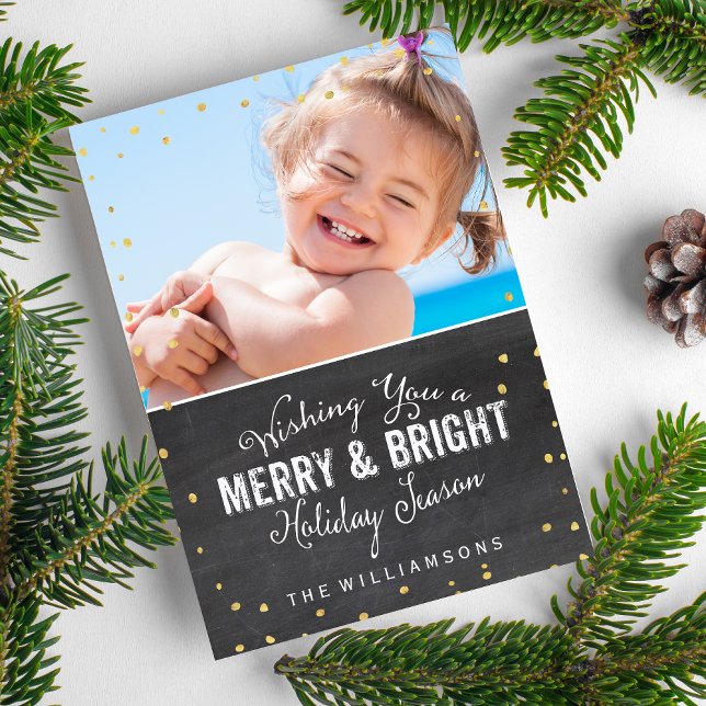 Cartes Pour Fêtes Annuelles Merry & Bright Christmas Gold Confetti Photo (Créateur téléchargé)
