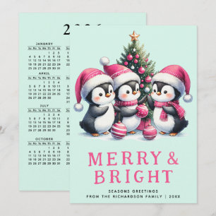 Cartes Pour Fêtes Annuelles Merry & Bright Mint et Pingouin de Noël rose