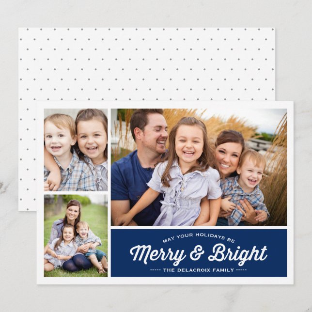 Cartes Pour Fêtes Annuelles Merry & Bright Navy 3 Photo Holiday Salutation (Devant / Derrière)
