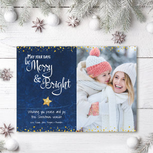 Cartes Pour Fêtes Annuelles Merry Bright Script Photo Bleu Or Étoile Pailletée