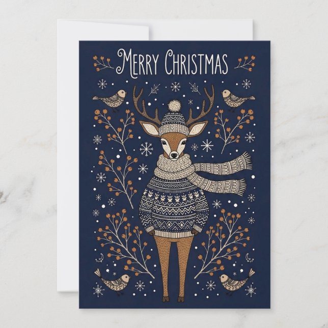Cartes Pour Fêtes Annuelles Merry Christmas Deer In Knitted Sweater  (Devant)