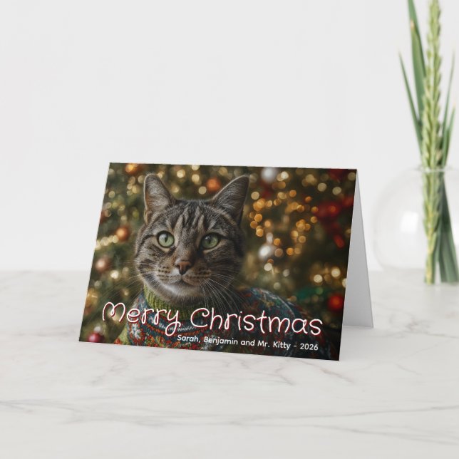 Cartes Pour Fêtes Annuelles Merry Christmas Family Cat Photo (Devant)