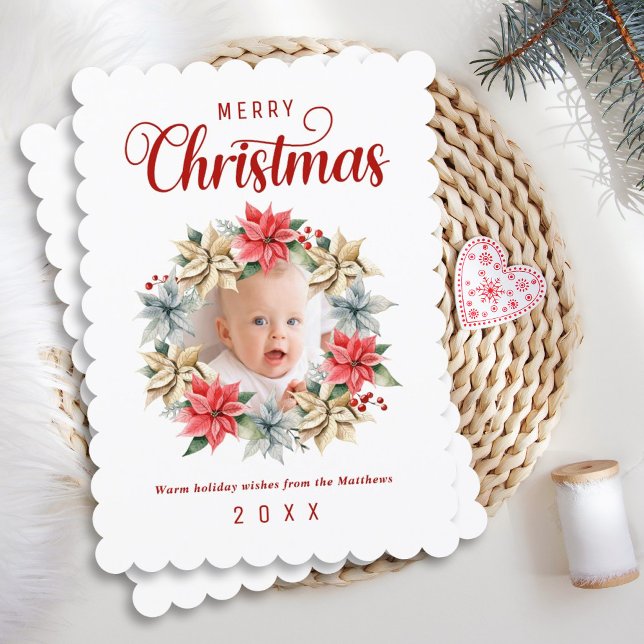 Cartes Pour Fêtes Annuelles Merry Christmas Farmhouse Poinsettia Wreath Photo (Créateur téléchargé)