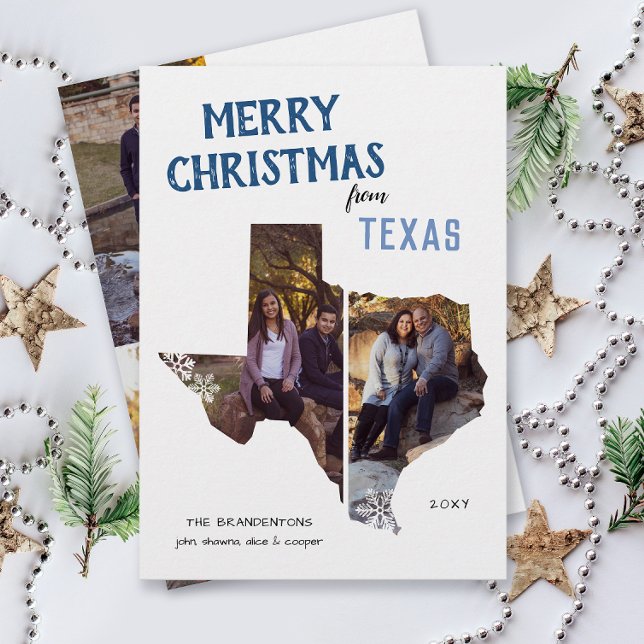 Cartes Pour Fêtes Annuelles Merry Christmas from Texas We've Moved (From Texas with love four photo Christmas holiday card for families, moving announcement on the back)