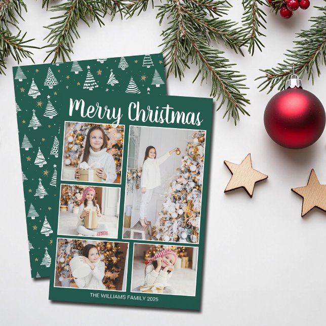 Cartes Pour Fêtes Annuelles Merry Christmas Green Trees Family Photo Collage (Créateur téléchargé)