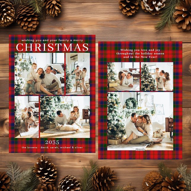 Cartes Pour Fêtes Annuelles Merry Christmas Multi Photo Red Plaid Holiday Card (Créateur téléchargé)