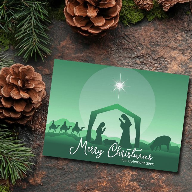 Cartes Pour Fêtes Annuelles Merry Christmas Nativity Scene Green Religious (Créateur téléchargé)