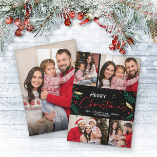 Cartes Pour Fêtes Annuelles Merry Christmas Photo Black Red Gold Greenery