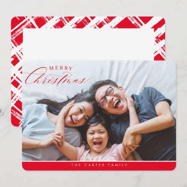 Cartes Pour Fêtes Annuelles MERRY CHRISTMAS PHOTO élégante calligraphie rouge (Devant / Derrière)