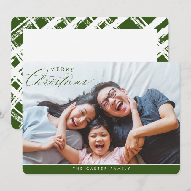 Cartes Pour Fêtes Annuelles MERRY CHRISTMAS PHOTO élégante calligraphie verte (Devant / Derrière)