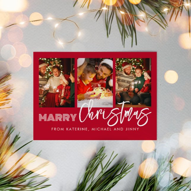 Cartes Pour Fêtes Annuelles Merry Christmas Red Photo Collage Family Card (Créateur téléchargé)