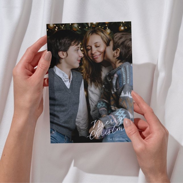 Cartes Pour Fêtes Annuelles Merry Christmas Script Photo Navy (Créateur téléchargé)