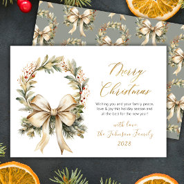 Cartes Pour Fêtes Annuelles Merry Christmas Script Watercolor Gold Bow Wreath