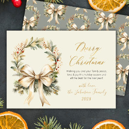 Cartes Pour Fêtes Annuelles Merry Christmas Script Watercolor Wreath Gold Bow