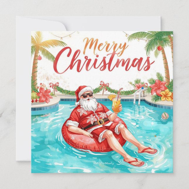 Cartes Pour Fêtes Annuelles Merry Christmas Tropical Santa Summer Pool Party (Devant)