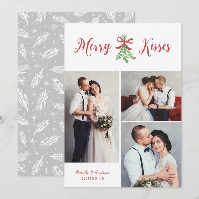 Cartes Pour Fêtes Annuelles Merry Kisses Modern Trois Photo Mistletoe (Devant / Derrière)
