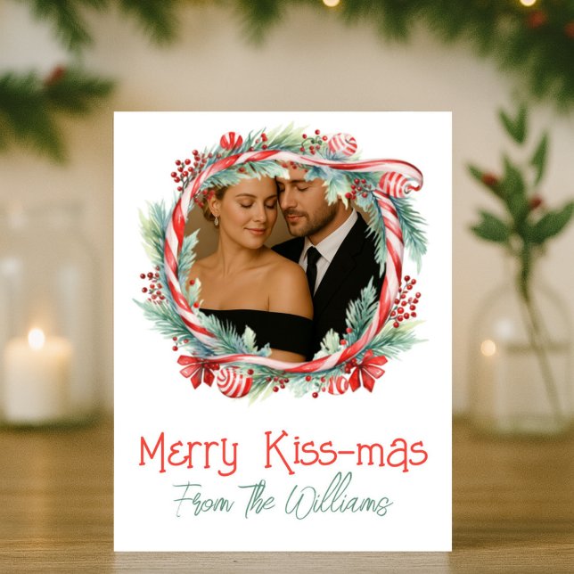 Cartes Pour Fêtes Annuelles Merry Kissmas Candy Cane Wreath Photo Christmas  (Créateur téléchargé)