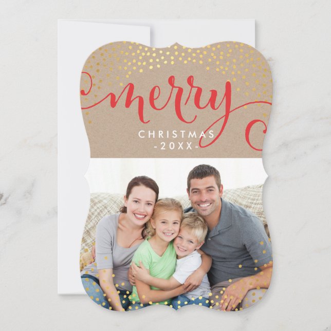 Cartes Pour Fêtes Annuelles MERRY PHOTO VACANCES élégant confetti d'or kraft (Devant)