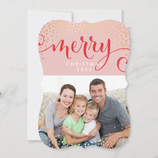 Cartes Pour Fêtes Annuelles MERRY PHOTO VACANCES élégant confetti or rose (Devant)