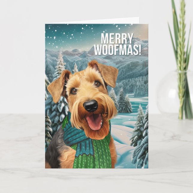 Cartes Pour Fêtes Annuelles Merry Woofmas Airedale Terrier Chien dans l'Écharp (Devant)