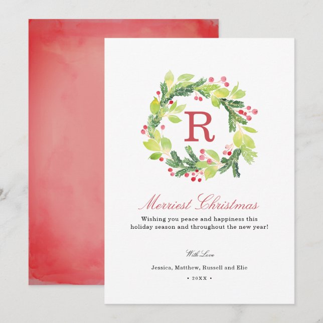 Cartes Pour Fêtes Annuelles Merveilleuse couronne de Noël Monogramme (Devant / Derrière)