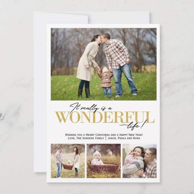 Cartes Pour Fêtes Annuelles Merveilleuse Vie 4 PH lettres d'or | (Devant)