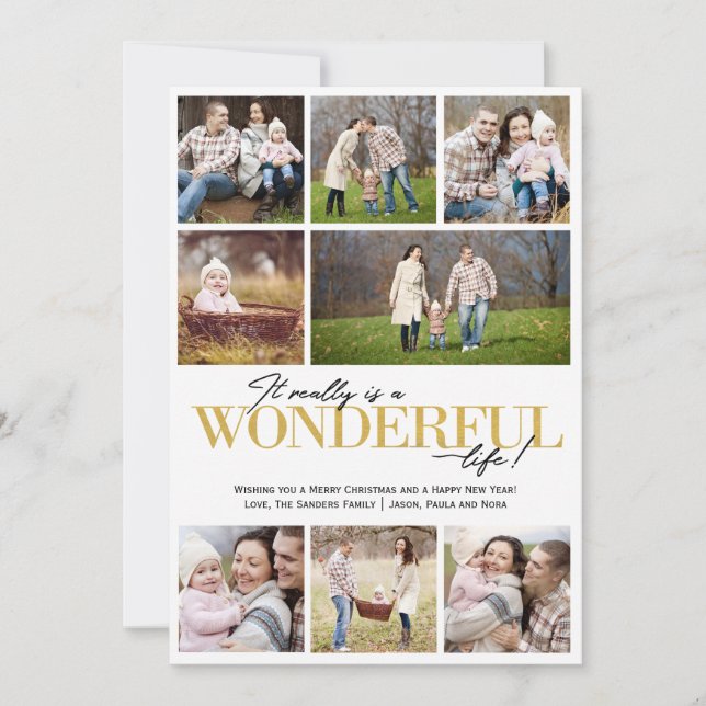 Cartes Pour Fêtes Annuelles Merveilleuse Vie 8 Photo Lettre or Option | (Devant)