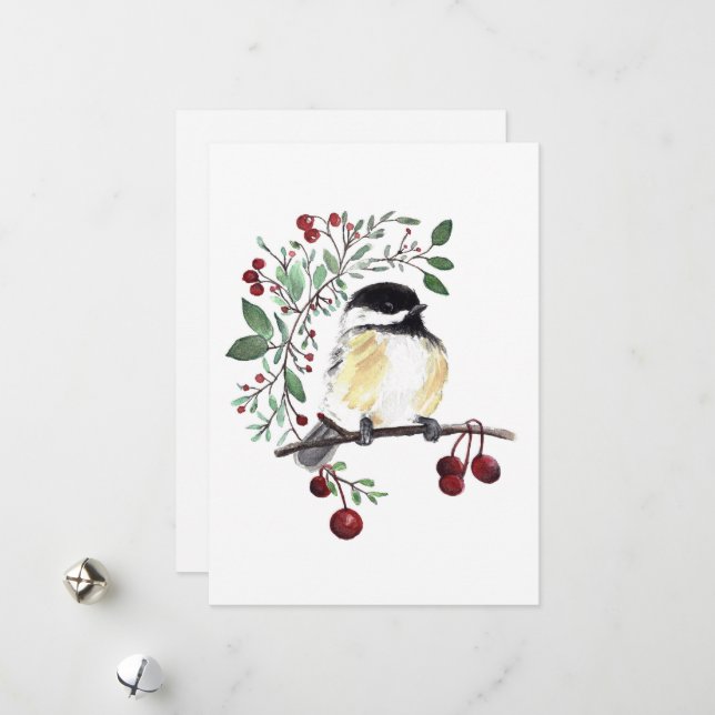 Cartes Pour Fêtes Annuelles Mésange de l'hiver Baies d'oiseaux (Devant/Arrière en situation)