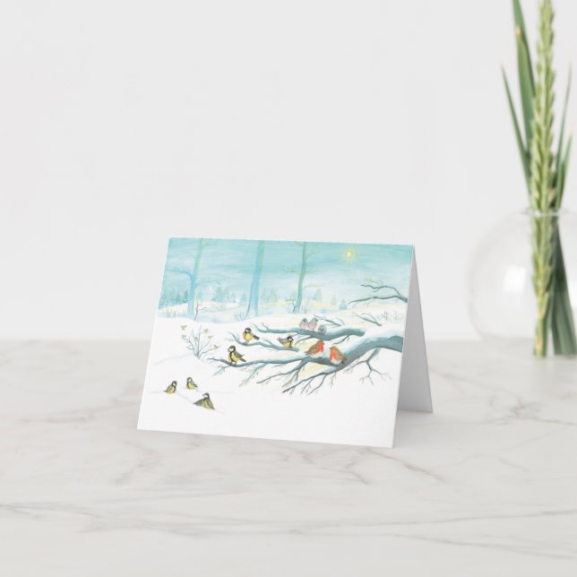 Cartes Pour Fêtes Annuelles Mésanges, Rouges-gorges & Forêt enneigée d'hiver (Devant)