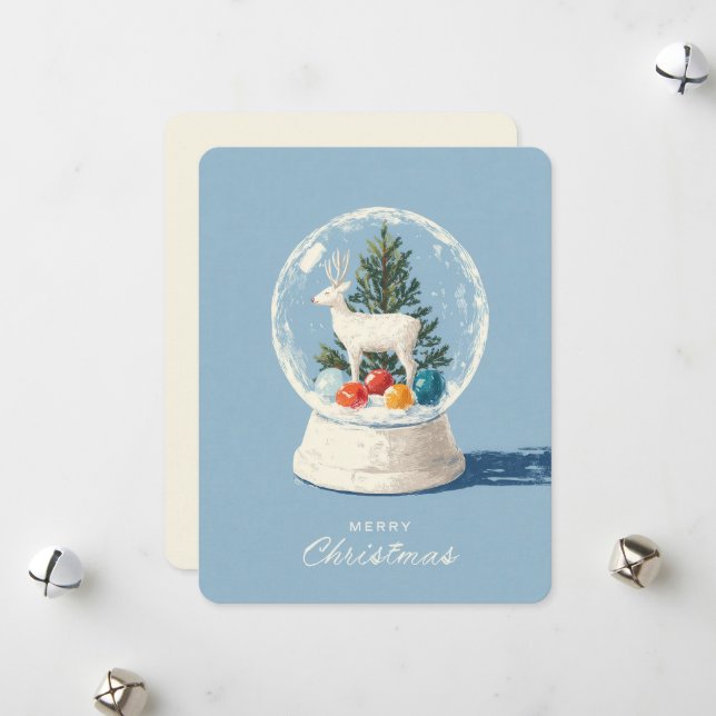 Cartes Pour Fêtes Annuelles Mid-Century Modern Snow Globe White Deer  (Devant/Arrière en situation)