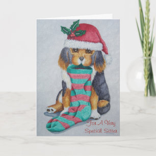 Cartes Pour Fêtes Annuelles mignon chiot avec bas de noël et chapeau santa