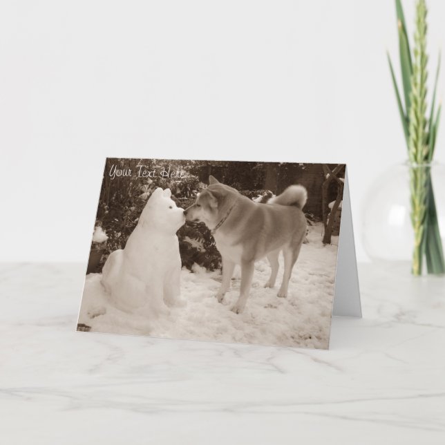 Cartes Pour Fêtes Annuelles mignonne akita embrasser le chien de neige bonhomm (Devant)
