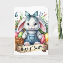 Cartes Pour Fêtes Annuelles Mignonne Bleu Blanc Overalls Illustration Pâques