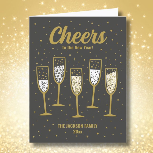 Cartes Pour Fêtes Annuelles Mignonne Bonne Année Champagne noir or blanc (Créateur téléchargé)