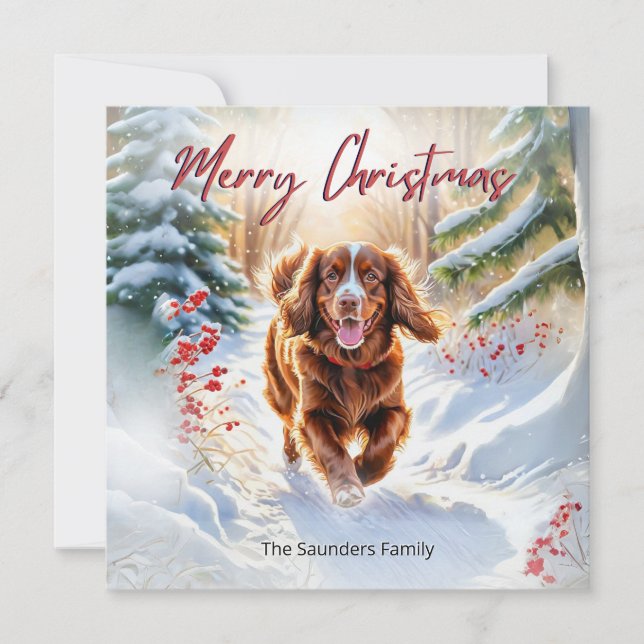Cartes Pour Fêtes Annuelles Mignonne Espagnol Sussex En Hiver Neige Joyeux Noë (Devant)