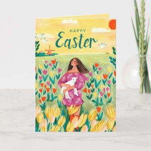 Cartes Pour Fêtes Annuelles Mignonne femme de printemps en champ de tulipe Pâq