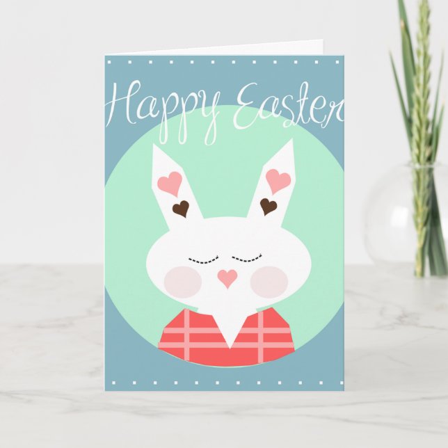 Cartes Pour Fêtes Annuelles Mignonne lapin de Pâques blanc aux coeurs roses (Devant)