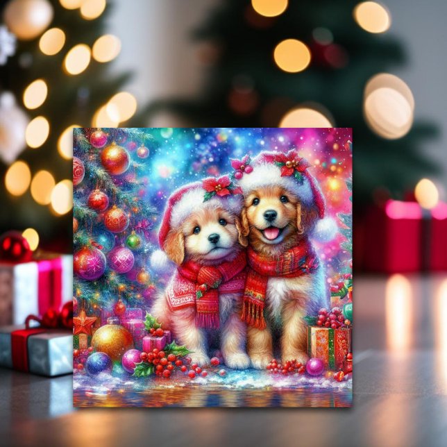 Cartes Pour Fêtes Annuelles Mignonne Noël Golden Retriever Puppies Christian (Créateur téléchargé)