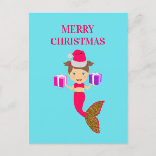 Cartes Pour Fêtes Annuelles Mignonne Noël Sirène fille Santa Chapeau en mer