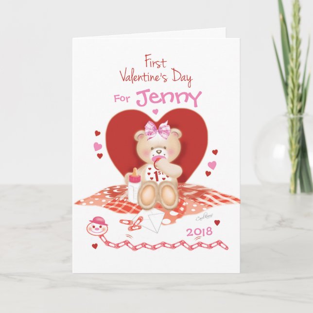 Cartes Pour Fêtes Annuelles Mignonne peluche sur la 1ère fille de bébé (Devant)