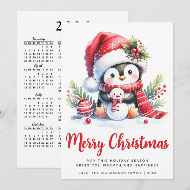 Cartes Pour Fêtes Annuelles Mignonne Penguin Blanc et Rouge Joyeux Noël (Devant / Derrière)