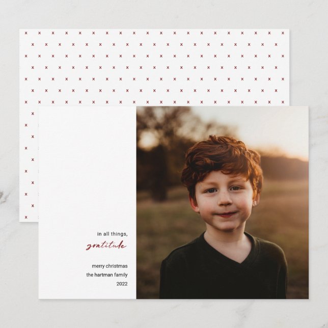 Cartes Pour Fêtes Annuelles Minimal moderne | Gratitude Photo Rouge de Noël (Devant / Derrière)