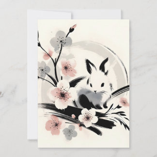 Cartes Pour Fêtes Annuelles Minimalist Zen Ink Bunny Cherry Blossoms