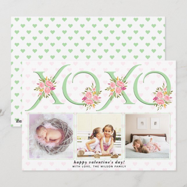 Cartes Pour Fêtes Annuelles Mint vert XOXO rose roses photo Valentines Day (Devant / Derrière)