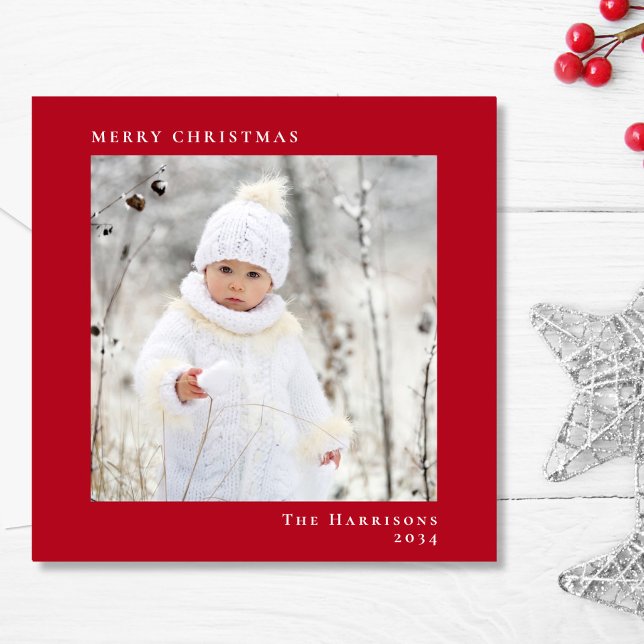 Cartes Pour Fêtes Annuelles Minuscule moderne Joyeux Noël photo rouge (Share the love and warmth of the season with your personalized photo Christmas card)